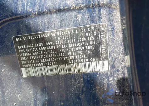 2013 Volkswagen Jetta Sportwagen 2.0L Tdi z USA, uszkodzony, nr VIN 3VWPL7AJ9DM637099